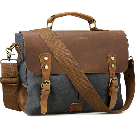Vintage Leather + Canvas men briefcase Business bag Portfolio men office bag male canvas briefcase attache case document tote ► Photo 1/6