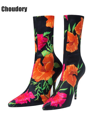 Designer Runway Stretch Shoes Women Stiletto Sock Booties Pointed Toe Sexy High Heels Strecthy Ankle Boots Floral Print Boots ► Photo 1/6