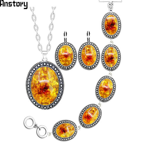 Oval Flower Simulated Ambers Necklace Earrings Bracelet Jewelry Set Vintage Look Antique Silver Plated Fashion Jewelry ► Photo 1/6