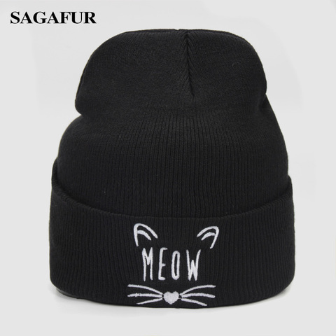 Warm Knitted Hat Female Quality Letter Embroidery Kitten Hat Womens Winter Fashion Casual Men Cap for Boy 