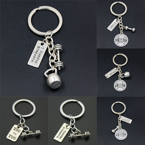 1pc Strength Sports Barbell Dumbbell Charm Weight Fitness With Words Gym Crossfit Keyring Keychain Gifts For Man ► Photo 1/5