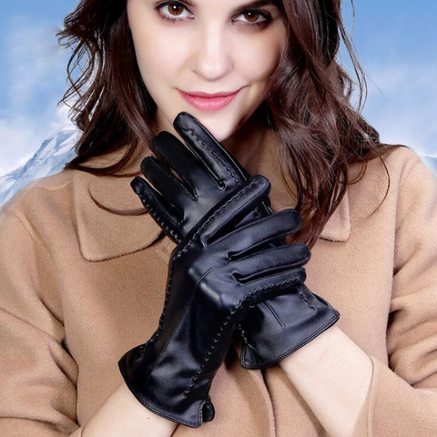 Autumn Winter Sexy Women PU Leather Thickened Touch Screen Warm Full Fingers Windproof Driving Waterproof Gloves Mittens S36 ► Photo 1/5