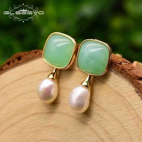 GLSEEVO Natural Baroque Pearl Green Colored Glass Stud Earrings For Women Bridal Wedding Gift Dual Use Earrings Jewelry GE0767D ► Photo 1/6