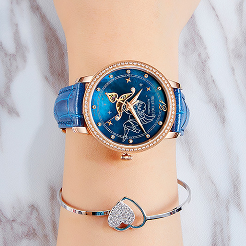 New Reef Tiger/RT Fashion Womens Watches Blue Dial Rose Gold Watches for Lover Diamonds Ladies Watches Relogio Feminino RGA1550 ► Photo 1/6