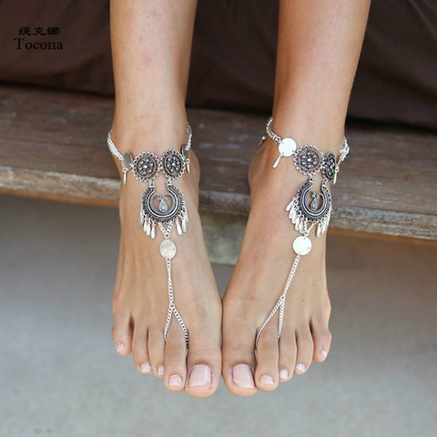 Tocona Vintage Silver Color Foot Chain Bohemian Tassel Anklets for Women Barefoot Sandals Summer Jewelry Drop Shipping 3544 ► Photo 1/6