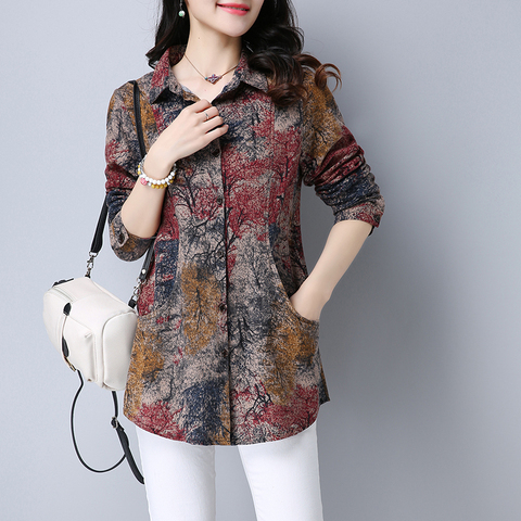 #2905 Long Sleeve Shirt Women Tie Dye Floral Print Cotton Linen Shirt Ladies Slim Casual Vintage Plus Size Cardigan Tunic Shirt ► Photo 1/6