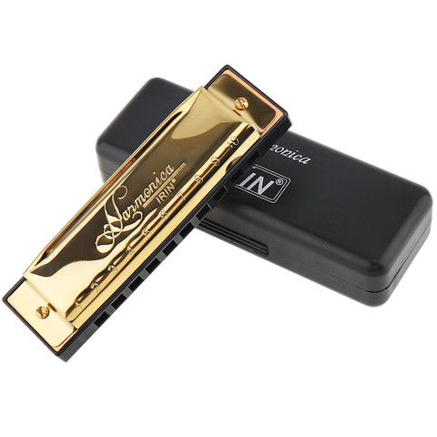 Gold 10 Holes 20 Tone Blues Harmonica Key of C Mouth Organ Musical Instrument with Black Storage Box ► Photo 1/6
