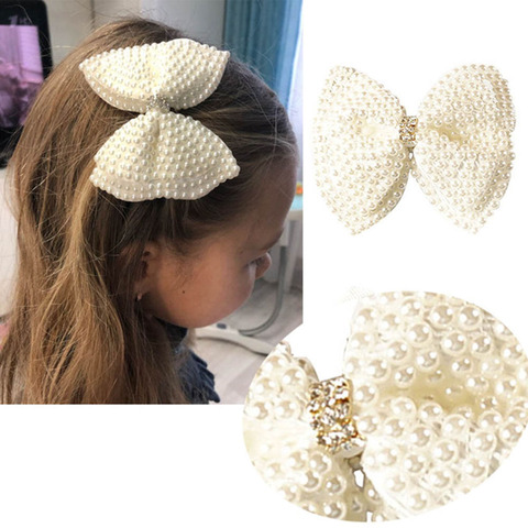 White Pearl Hair Bows With Hair Clips For Girls Kids Boutique Layers Bling Rhinestone Center Bows Hairpins Hair Accessories ► Photo 1/6