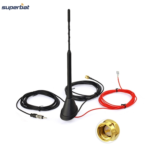 Superbat Car Antenna for DAB DAB+ AM/FM Radio Built-in Amplifier SMA Plug Connector Universal Roof Mount Rod Antenna 5m Cable ► Photo 1/4