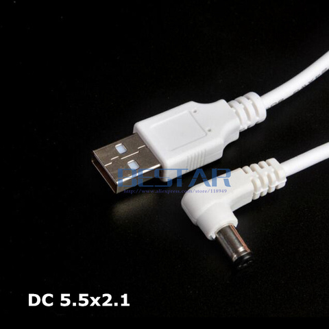 White DC Elbow Power cable Plug USB To DC 5.5*2.1 5.5*2.1mm 5.5mm x 2.1mm 5.5x2.1mm Jack Right Angle L shape charge Cable 1M ► Photo 1/4
