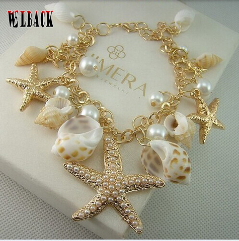 Ocean Multi Starfish Sea Star Conch Shell Pearl Chain Bracelet Bangle Charm D