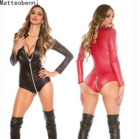 Sexy wetlook Lingerie Women Latex Catsuit Faux Leather Front Zipper Crotch Bodysuit Fetish Costumes Erotic Body Suit Plus Size ► Photo 1/6