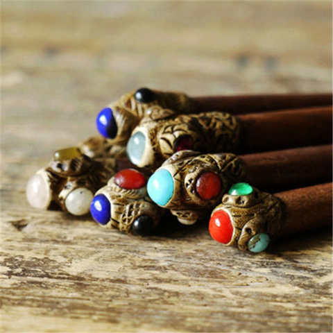 L031 Nepal handmade wooden hair stick Thai Teak hairpin inlay colorful beads ► Photo 1/4