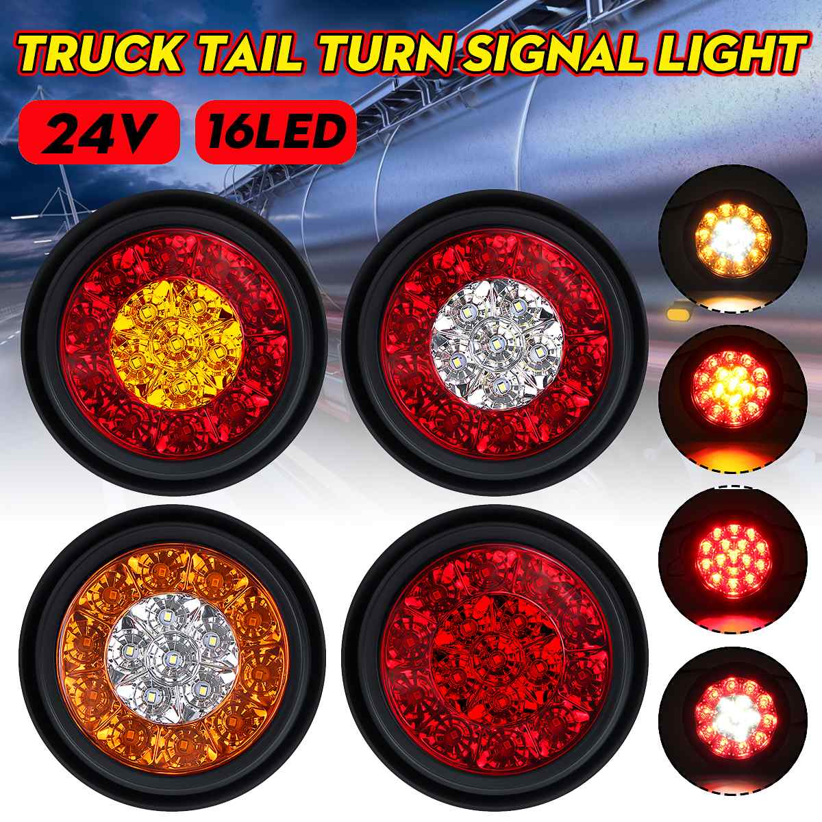 2X Car Round LED Amber Red Taillights 16LED 12V Stop Brake Running Reverse Backup Light For Truck Trailer Lorry ► Photo 1/6