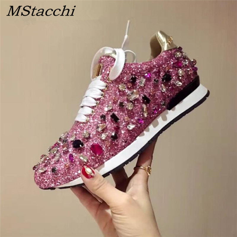 Women Flat Glitter Sneakers Casual Female Mesh Lace Up Bling Platform  Comfortable Plus Size Vulcanized Crystal Shining Shoes New
