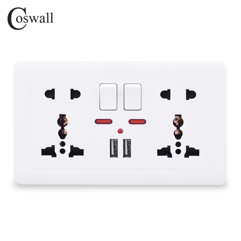 Coswall Wall Power Socket Double Universal 5 Hole Switched Outlet 2.1A Dual USB Charger Port LED indicator 146mm*86mm ► Photo 1/6