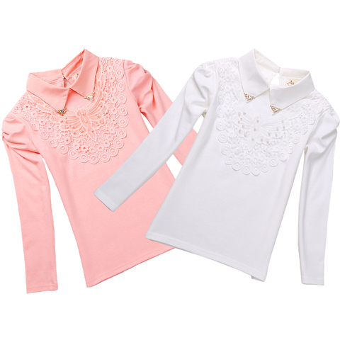 School Girls Blouse Shirts New 2022 Spring Fashion Kids Solid Turn-Down Lace Flower Blouses High Quality Children Cotton Clothes ► Photo 1/6
