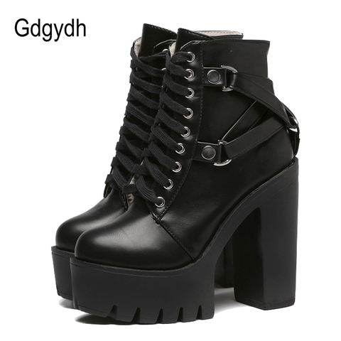 Gdgydh Fashion Black Boots Women Heel Spring Autumn Lace-up Soft Leather Platform Shoes Woman Party Ankle Boots High Heels Punk ► Photo 1/6