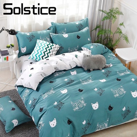 Solstice Home Textile Cyan Cute Cat Kitty Duvet Cover Pillow Case Bed Sheet Boy Kid Teen Girl Bedding Linens Set King Queen Twin ► Photo 1/6