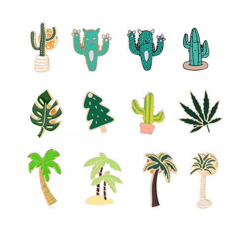 12 Style Cartoon Jackets Sweater Bag Pins Green Plant Tree Cactus Leaf Brooch Pin Metal Badge Couple Accessories Gift Wholesale ► Photo 1/6