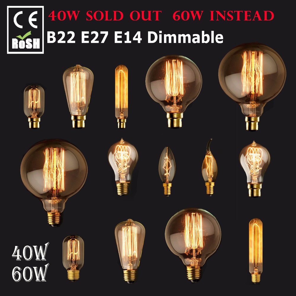 E27 E14 25W 40W 60W Vintage Retro Edison Lamps Filament Pendant Light Bulbs 220V 