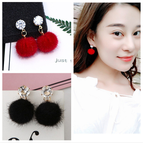 2022 Korean Drop Long Dangling Earrings Red Crystal Ball Cotton Pom Pom Earring Gold Statement Female Earring Pink Charm Jewelry ► Photo 1/6