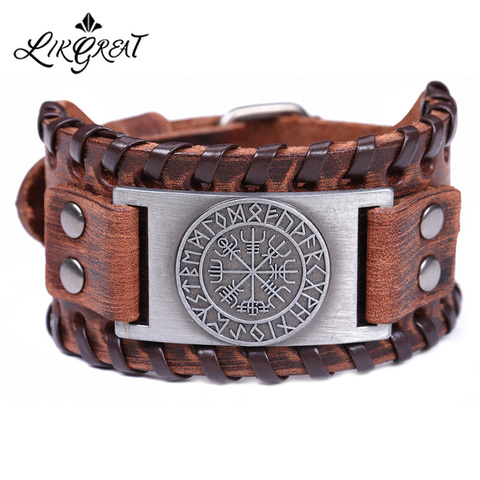 LIKGREAT Viking Vegvisir Compass Pendants Bangle Nordic Runes Charm Bracelet for Men Odin Black Brown Leather Bracelets Jewelry ► Photo 1/6