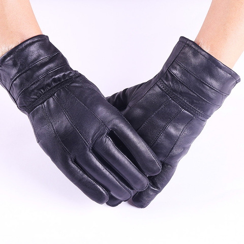 Men Women Winter Genuine Leather Thicken Fur Cashmere Warm Gloves Men's Sheepskin Touch Screen Black Driving Gloves Mittens L98 ► Photo 1/6