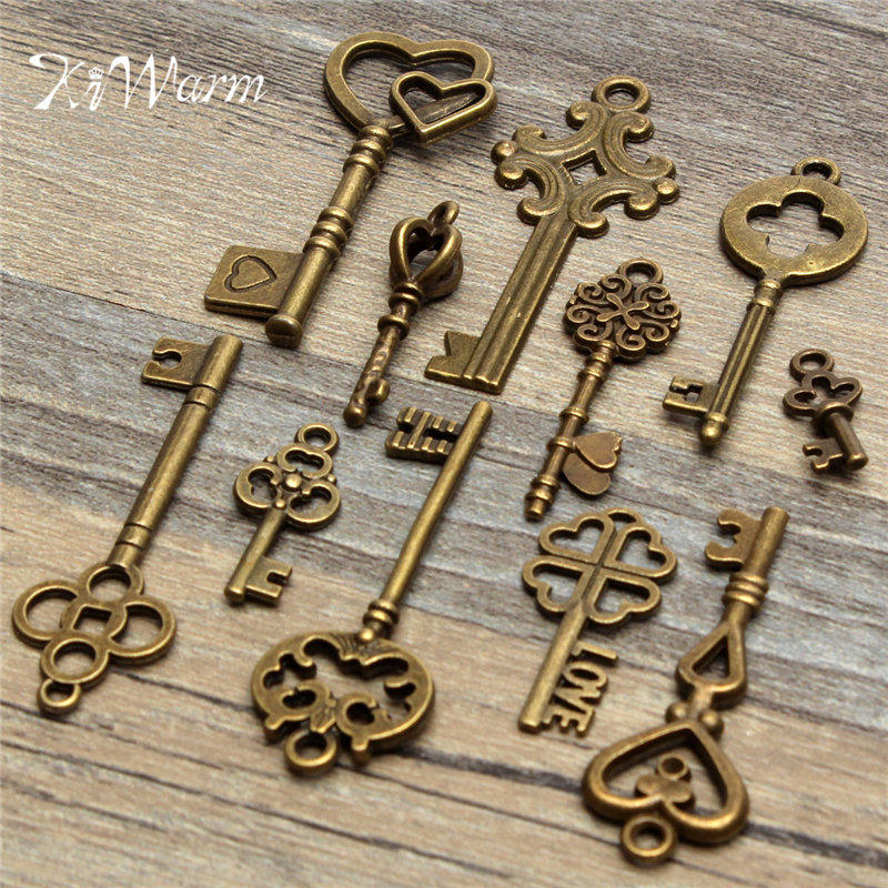 KiWarm Dedicate Set 11Pcs Antique Vintage Old Look Bronze Skeleton Keys Fancy Heart Bow Pendant DIY Decor Metal Crafts ► Photo 1/6
