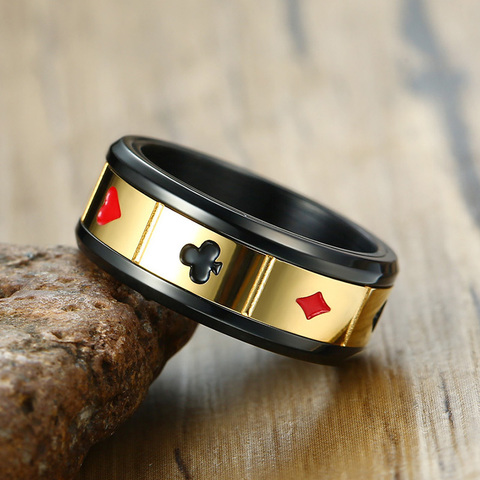 8mm Spinner Stainless Steel Ring Black Color Lucky Playing Card Poker Mens Accessories ► Photo 1/6