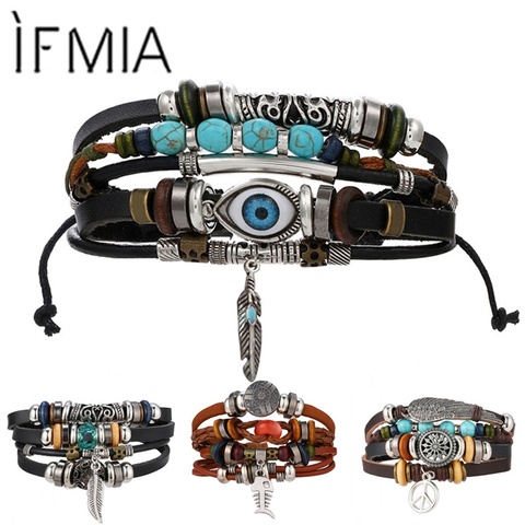 IFMIA BOHO Tibet Stone Feather Multilayer Leather Bracelet Eye Fish Charms Beads Bracelets for Men Vintage Punk Wrap Wristband ► Photo 1/1