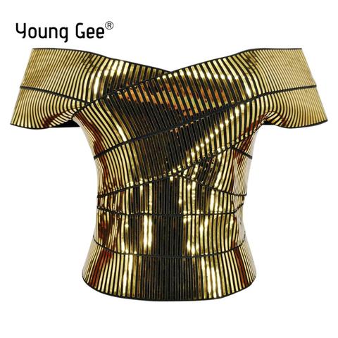 Young Gee Women Gold Silver Camis Wrapped Bustier Off the Shoulder Tank Crop Tops Sexy Summer Short Sleeve Club Cropped Feminino ► Photo 1/6