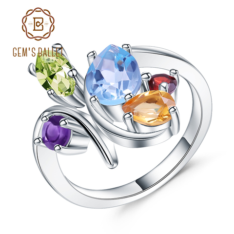 Gem's Ballet Flower Multicolor Natural Amethyst Garnet Peridot Citrine Topaz Cocktail Ring 925 Sterling Silver Ring For Women ► Photo 1/1