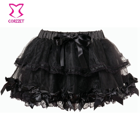 Elastic Gothic Lace Tutu Skirt Women Black Mesh Satin Bows Detail Petticoat Sexy Mini Tulle Skirts Party Club Wear Slip Dancer ► Photo 1/6