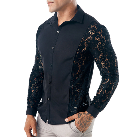 MIXCUBIC 2022 Autumn College style Unique arm lace shirts men casual slim Stitching lace shirts for men,size S-XXL ► Photo 1/1