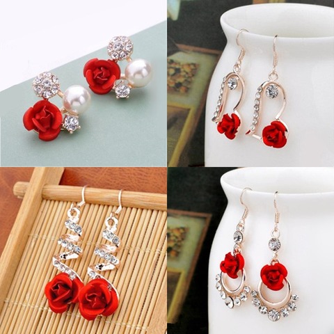 Vintage Red Rose Earrings Rose Gold Color Crystal Rhinestone Pearl Butterfly Flower Stud Earrings  Women Gifts Wedding Jewelry ► Photo 1/6