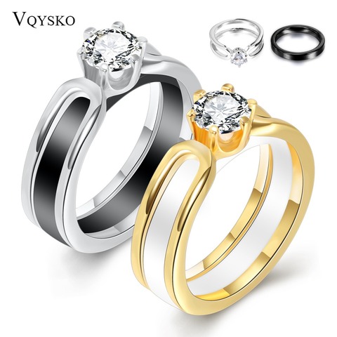 Lokaer 2 layers Black/White Ceramic Crystal Wedding Rings Jewelry AAA Zircon Stainless Steel Rhinestone Engagement ► Photo 1/6