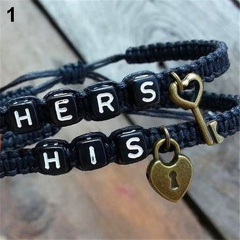 2 Pcs Hot Adjustable Bracelets Set Hers His Words Charm Pendant Braid Alloy Tangle Handmade Bracelets With Key Lock Lover's Gift ► Photo 1/6