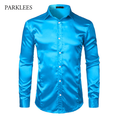 Silk Satin Shirt Men Autumn Long Sleeve Mens Dress Shirts Shiny Smooth Solid Color Camisa Masculina Slim Fit Mariage Chemise XXL ► Photo 1/1