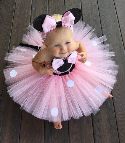 Lovely Girls Pink Cartoon Tutu Dress Baby Mickey Minnie Crochet Tulle Tutus with Dots Bow and Headband Kids Birthday Party Dress ► Photo 1/6