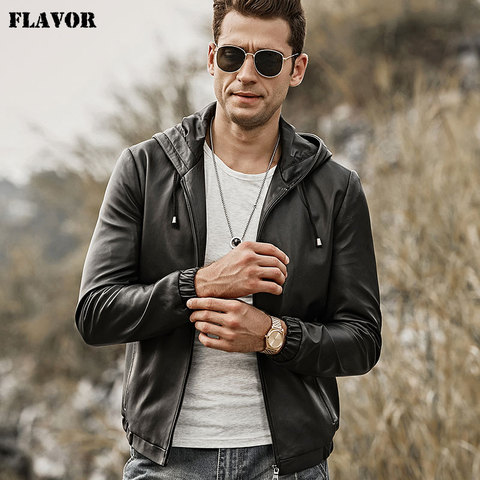 FLAVOR Men's Real Leather Jacket Hoodie Lambskin Genuine Nappa Leather Coat with Hood ► Photo 1/6