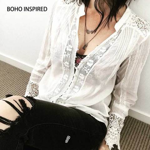 BOHO INSPIRED blouse white cotton lace floral embroidery women's shirt loose boho chic v-neck long sleeve tunic sexy tops blusas ► Photo 1/6