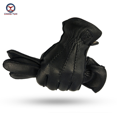 CHING YUN Winter Man Deer Skin Leather Gloves Buckskin Male Warm Soft Men's  Black Wave pattern Mittens 70% Wool Lining-WZ01 ► Photo 1/6