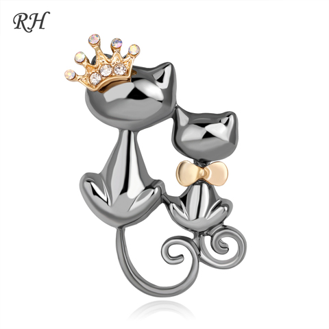 Vintage Metal Crystal Couple Queen Cat Brooch For Women Mom Collar Pins Corsage Double Animal Brooch Badges Jewelry Accessories ► Photo 1/6