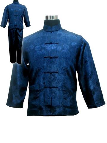 Vintage Navy Blue Chinese Men Satin Pajama Set Pyjamas Suit Long Sleeve Shirt &Pants Trousers Sleepwear Nightwear Plus Size XXXL ► Photo 1/5