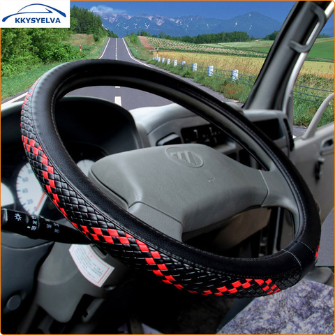 KKYSYELVA Black Leather Steering Wheel Covers for Car Bus Truck 36 38 40 42 45 47 50cm Diameter Auto Steering-wheel cover ► Photo 1/4