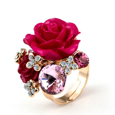 New Arrival 7 colors Resin Crystal Rose Flower Gold-Color Adjustable Women Wedding Fashion Statement Finger Rings ► Photo 1/6