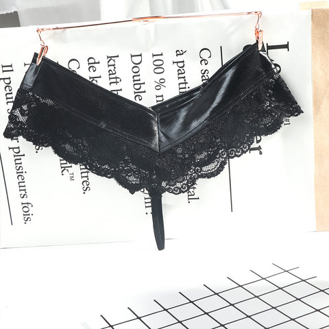 Erotic Latex Lace Panties Women Sexy Black Leather Thongs Seamless