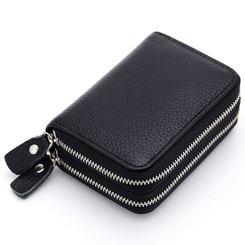Genuine Leather Men & Women Mini Short Wallet Cow Leather Coin Purse Solid Card Holder Accordion Card Slots Double Zipper Pocket ► Photo 1/6