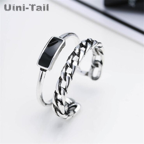 Uini-Tail classic hot sale 925 sterling silver geometric design double chain block open ring fashion tide flow high quality ► Photo 1/3